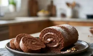 Un délicieux roulé au Nutella, saupoudré de sucre glace, sur une assiette avec quelques noisettes. Un vrai plaisir gourmand !