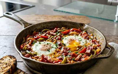 Poêlée de poivrons, tomates et œufs pochés, une délicieuse piperade recette, garnie de persil frais.
