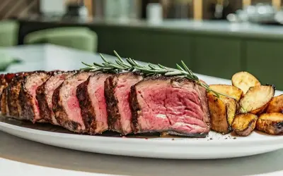 Une succulente entrecôte au four, tranchée et garnie de romarin, accompagnée de pommes de terre rôties sur une assiette blanche.