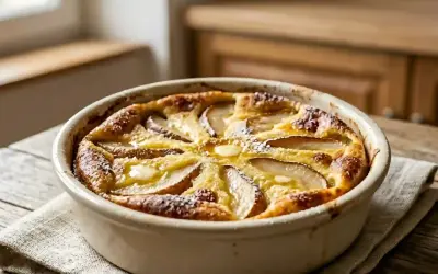 Un délicieux clafoutis aux poires, doré et saupoudré de sucre glace, prêt à être dégusté.