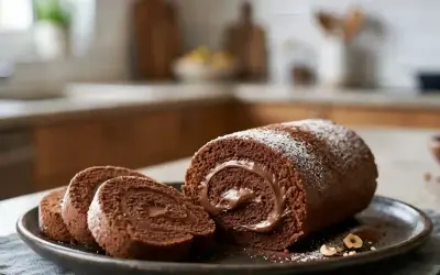 Un délicieux roulé au Nutella, saupoudré de sucre glace, sur une assiette avec quelques noisettes. Un vrai plaisir gourmand !