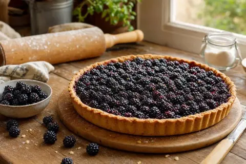 Une délicieuse tarte mûres, garnie de fruits frais, est prête à être dégustée. Un rouleau à pâtisserie et un bol de mûres complètent la scène.