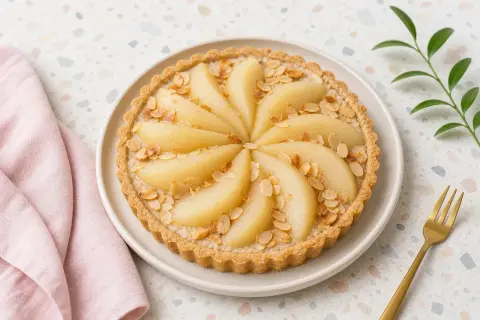 Tarte amandine aux poires, joliment décorée de lamelles d'amandes grillées et de poires tendres disposées en rosace.