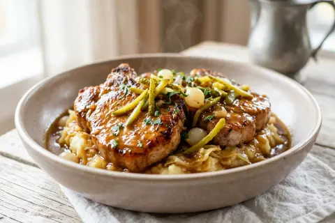 Délicieuse côte de porc charcutière, nappée d'une sauce onctueuse, servie sur un lit de purée et garnie de cornichons et d'oignons grelots.