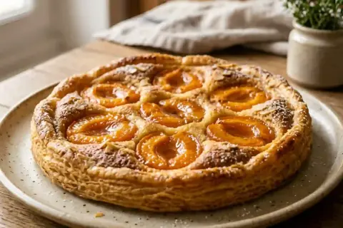 Une délicieuse tarte aux abricots classique, dorée et garnie de fruits juteux, prête à être dégustée.