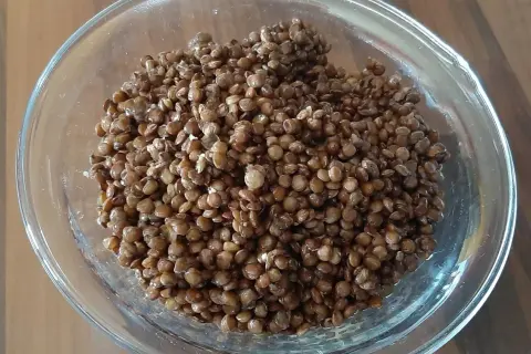 Lentilles cuites à la perfection dans une cocotte minute, prêtes à être dégustées.