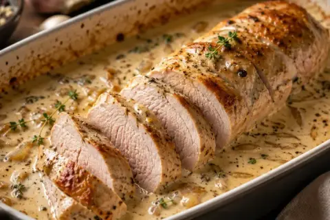 Filet mignon au four, tendre et juteux, baignant dans une sauce crémeuse aux herbes. Un délice pour les papilles.