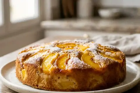 Gâteau aux pêches doré, saupoudré de sucre glace, prêt à être dégusté.