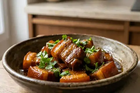 Un plat appétissant de porc au caramel, garni de coriandre fraîche, prêt à être dégusté.