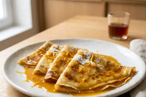 Crêpes Suzette dorées, nappées d'une sauce orange caramélisée et saupoudrées de sucre glace. Une recette crêpe suzette Mercotte pour un dessert gourmand.