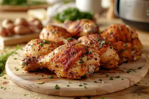 Délicieuses cuisses de poulet croustillantes, préparées à l'air fryer, garnies d'herbes fraîches sur une planche en bois.