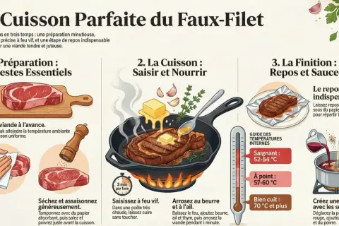 Illustration montrant les étapes pour un parfait sauté de bœuf : préparation, cuisson à la poêle avec beurre et ail, puis repos et sauce.