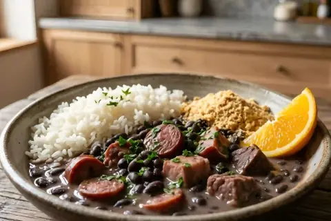 Un plat de feijoada brésilienne, avec riz blanc, haricots noirs, saucisses, viande, farofa et une tranche d'orange.