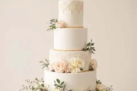 Magnifique gâteau des mariés à quatre étages, orné de dentelle dorée, de roses pâles et de feuillage.