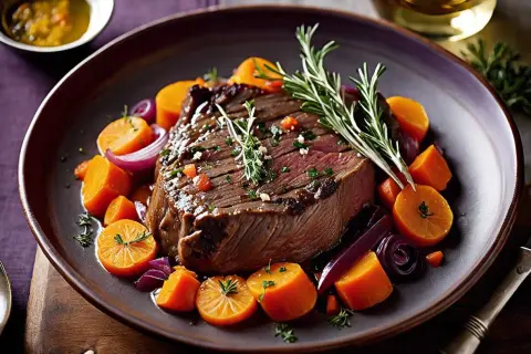 Un plat de daube de boeuf savoureux, garni de carottes, d'oignons rouges et de romarin frais.