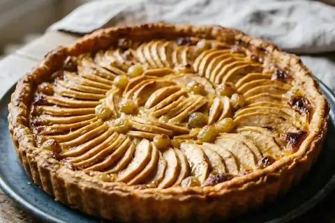 Tarte normande aux pommes et raisins, dorée et appétissante, prête à être dégustée.