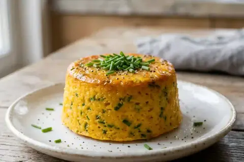 Un délicieux flan de carottes, garni de ciboulette fraîche et de poivre noir, sur une assiette blanche.