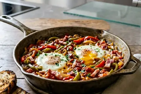 Poêlée de poivrons, tomates et œufs pochés, une délicieuse piperade recette, garnie de persil frais.