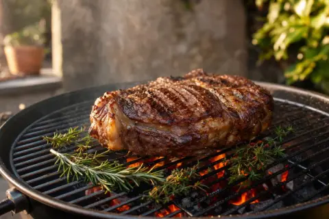 Un gros morceau de côte de bœuf, prêt pour une marinade, grille sur un barbecue avec du romarin.