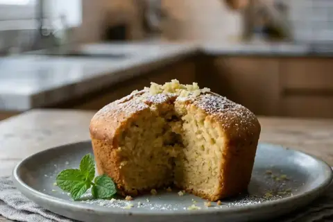 Un délicieux gâteau au gingembre, saupoudré de sucre glace et garni de miettes croustillantes et d'une touche de menthe fraîche.