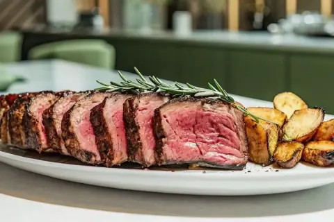Une succulente entrecôte au four, tranchée et garnie de romarin, accompagnée de pommes de terre rôties sur une assiette blanche.