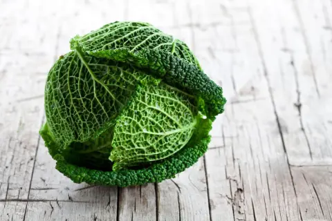 Un chou vert frisé, prêt pour la cuisson, repose sur une table en bois vieilli. Ses feuilles texturées promettent une saveur riche.