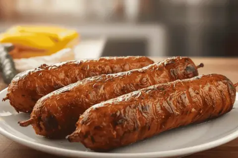 Trois andouillettes dorées et appétissantes, cuites à la perfection dans un air fryer, sur une assiette blanche.