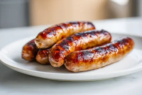 Saucisses dorées et juteuses, parfaitement cuites à l'air fryer, sur une assiette blanche. Un délice croustillant !