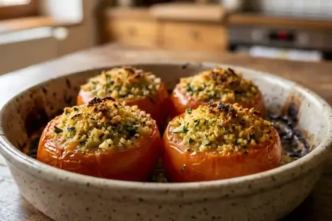 Quatre tomates à la provençale à la poêle, garnies d'une chapelure dorée et d'herbes fraîches, dans un plat en céramique.