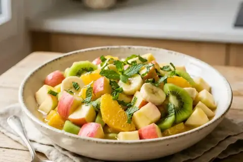 Un bol généreux de salade de fruits colorée, garnie de menthe fraîche. Pommes, kiwis, bananes et oranges se mélangent pour un délice rafraîchissant.