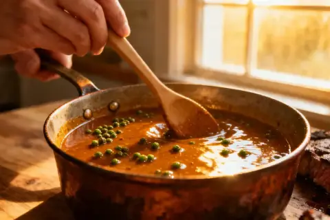 Une main remue une sauce onctueuse aux grains de poivre vert dans une poêle en cuivre, prête à napper une bavette de bœuf.