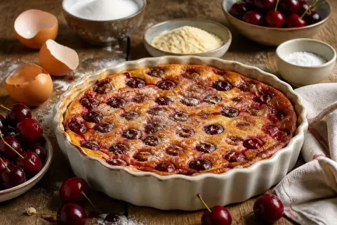 Un clafoutis aux cerises moelleux et léger, doré et parsemé de sucre glace, prêt à être dégusté.