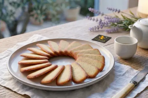 Un plateau de langues de chat dorées disposées en cercle, prêtes à être dégustées avec une tasse de thé.
