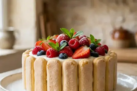 Délicieuse charlotte aux fruits, garnie de fraises, framboises et myrtilles fraîches, entourée de biscuits à la cuillère.