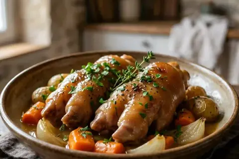 Délicieuse recette de pied de cochon à l'ancienne, mijoté avec des légumes racines et des herbes fraîches. Un plat réconfortant.