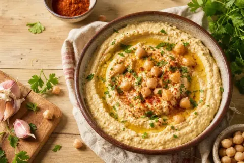 Un bol de houmous crémeux, garni de pois chiches, persil et paprika. Une recette maison facile, avec ail et pois chiches à côté.
