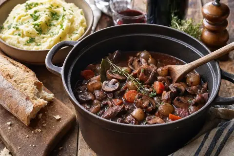 Un réconfortant bourguignon de champignons mijote dans une cocotte, accompagné de purée et d'une baguette croustillante.
