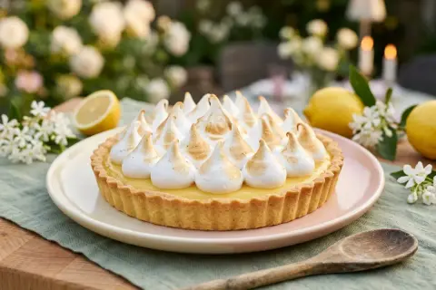 Tarte citron meringuée parfaite, avec sa crème jaune vif et sa meringue dorée. Une invitation à la gourmandise, idéale pour une recette d'été.