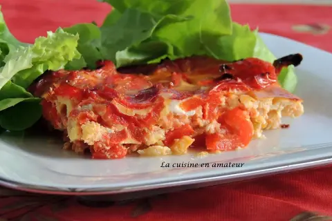Tranche de chakchouka maison, savoureuse et colorée, servie avec une salade verte fraîche. Une recette facile pour un repas plein de saveurs.