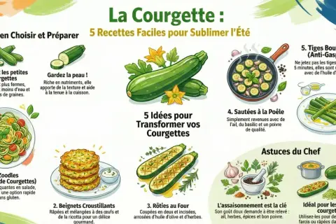 Illustration montrant diverses méthodes de cuisson des courgettes : en zoodles, beignets, rôties, sautées, et les tiges bouillies.
