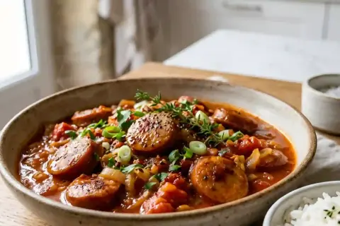 Un plat de rougail saucisse savoureux, garni d'herbes fraîches et d'oignons verts, servi dans un bol rustique.