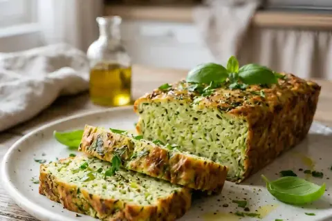 Une tranche de terrine de courgettes facile et délicieuse, garnie de basilic frais, sur une assiette.