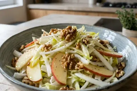 Salade croquante d'endives, noix et pommes, assaisonnée de poivre noir. Un délice frais et simple.