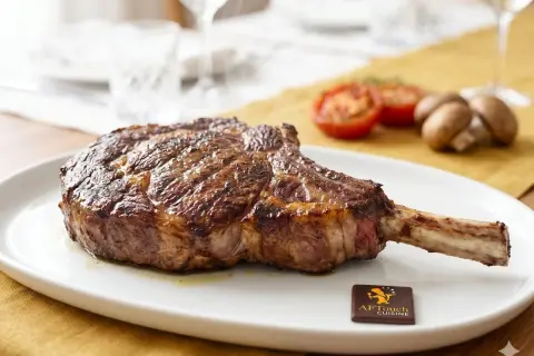 Un magnifique côte de bœuf, prêt à être dégusté. Grillé à la perfection, il attend patiemment sur une assiette blanche, accompagné de tomates et de champignons.