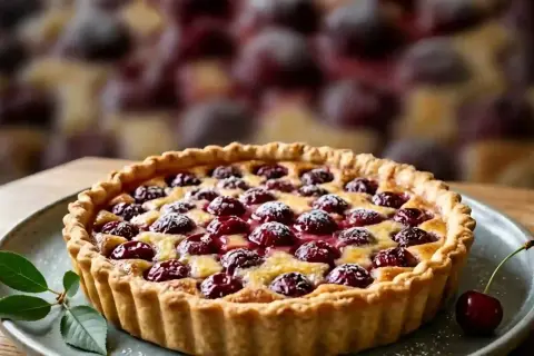 Tarte aux cerises à l'ancienne, garnie de fruits rouges brillants et saupoudrée de sucre glace. Une gourmandise réconfortante.