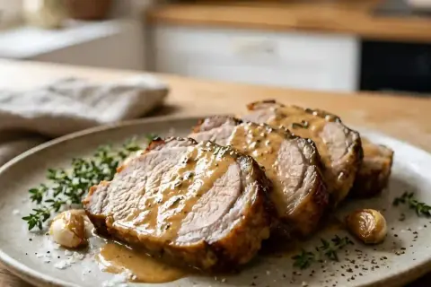 Tranches de rôti de porc au lait de grand-mère, nappées d'une sauce onctueuse, garnies de thym et d'ail rôti. Un délice réconfortant.