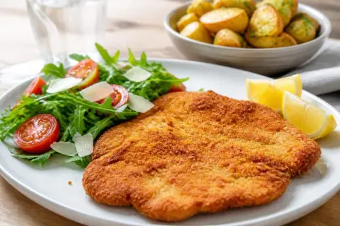 Escalope milanaise dorée et croustillante, servie avec une salade fraîche de roquette, tomates cerises et copeaux de parmesan. Une recette simple et savoureuse.