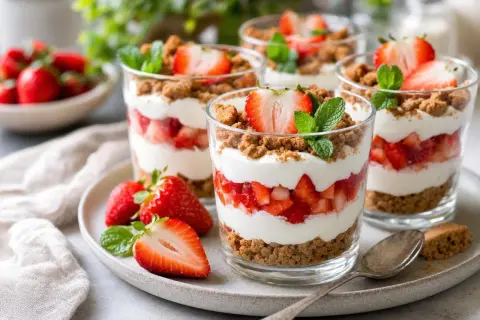 Délicieux dessert fraise en couches : fruits rouges, crème onctueuse et crumble croustillant, garni d'une fraise fraîche et d'une feuille de menthe.