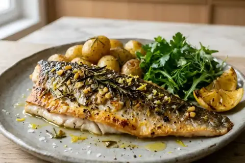 Un délicieux bar rôti, garni de romarin et de noix, servi avec des pommes de terre nouvelles et une salade verte. La cuisson du bar est parfaite.