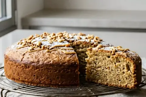 Gâteau moelleux au beurre de cacahuète, garni de cacahuètes et d'un filet de glaçage. Une part a été coupée, révélant sa texture riche.